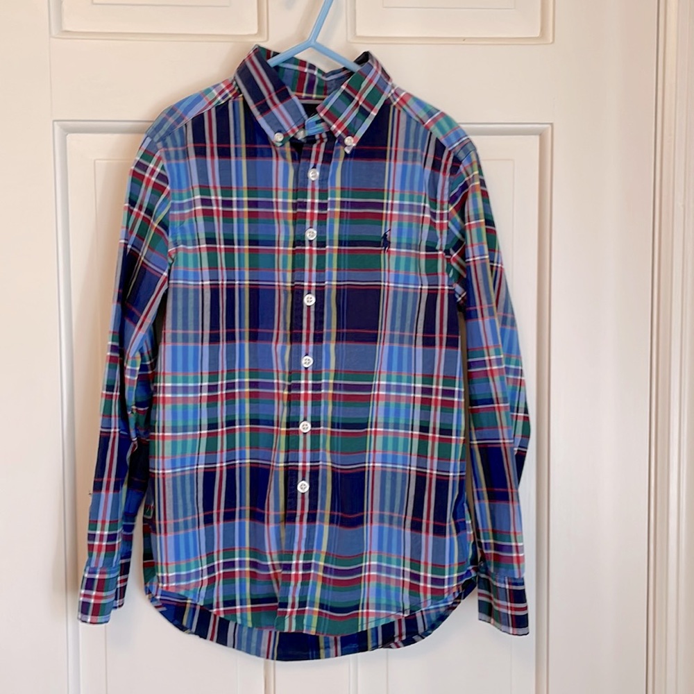 Ralph Lauren boys blue plaid button down shirt
